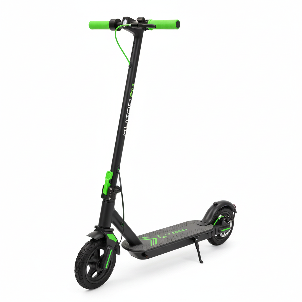Kugoo Pro 4 electric scooter featuring green accents, durable frame, powerful motor, and stylish design for city commuting.