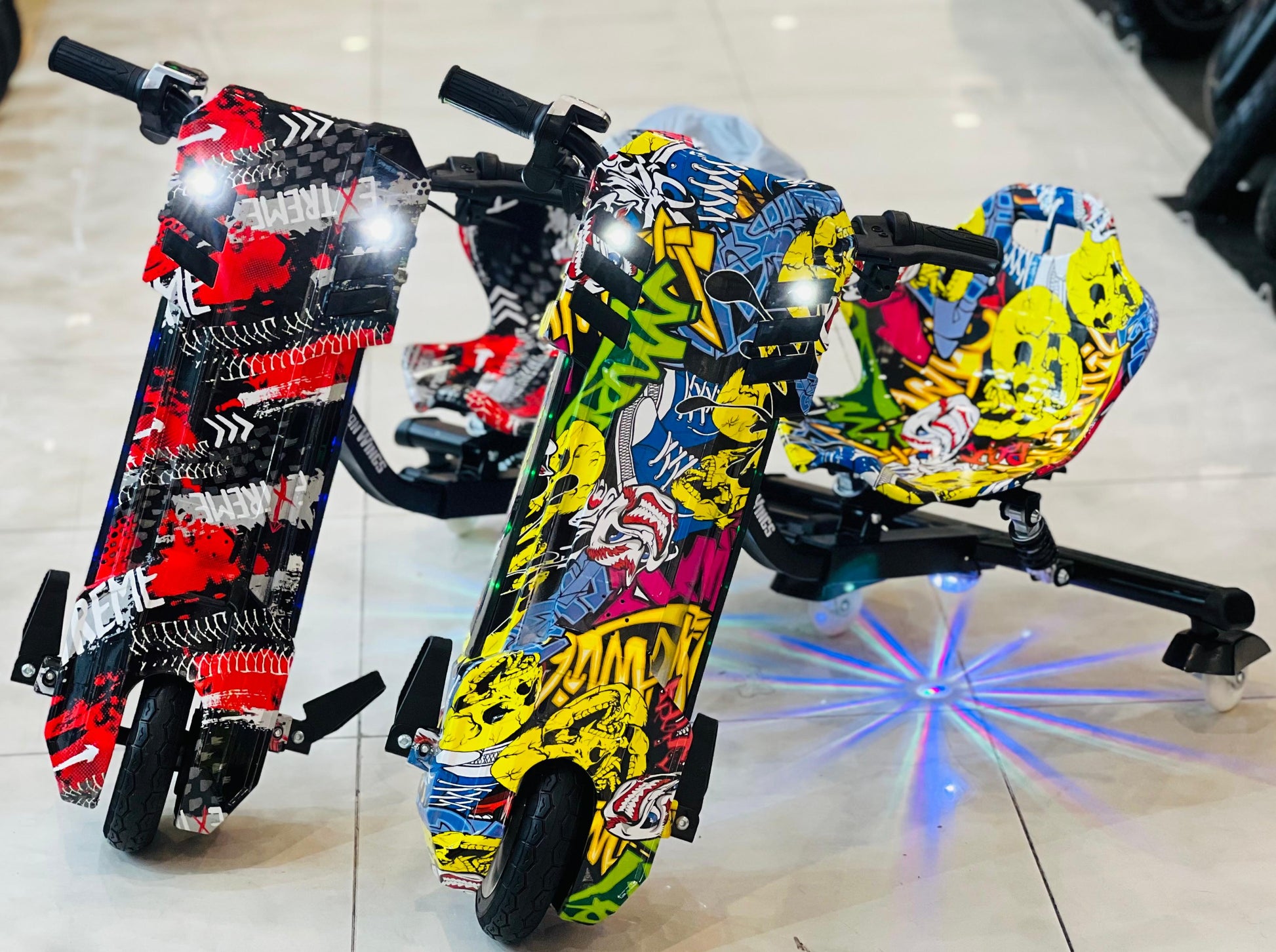 Kid performing a controlled drift on a colorful scooter outdoors.